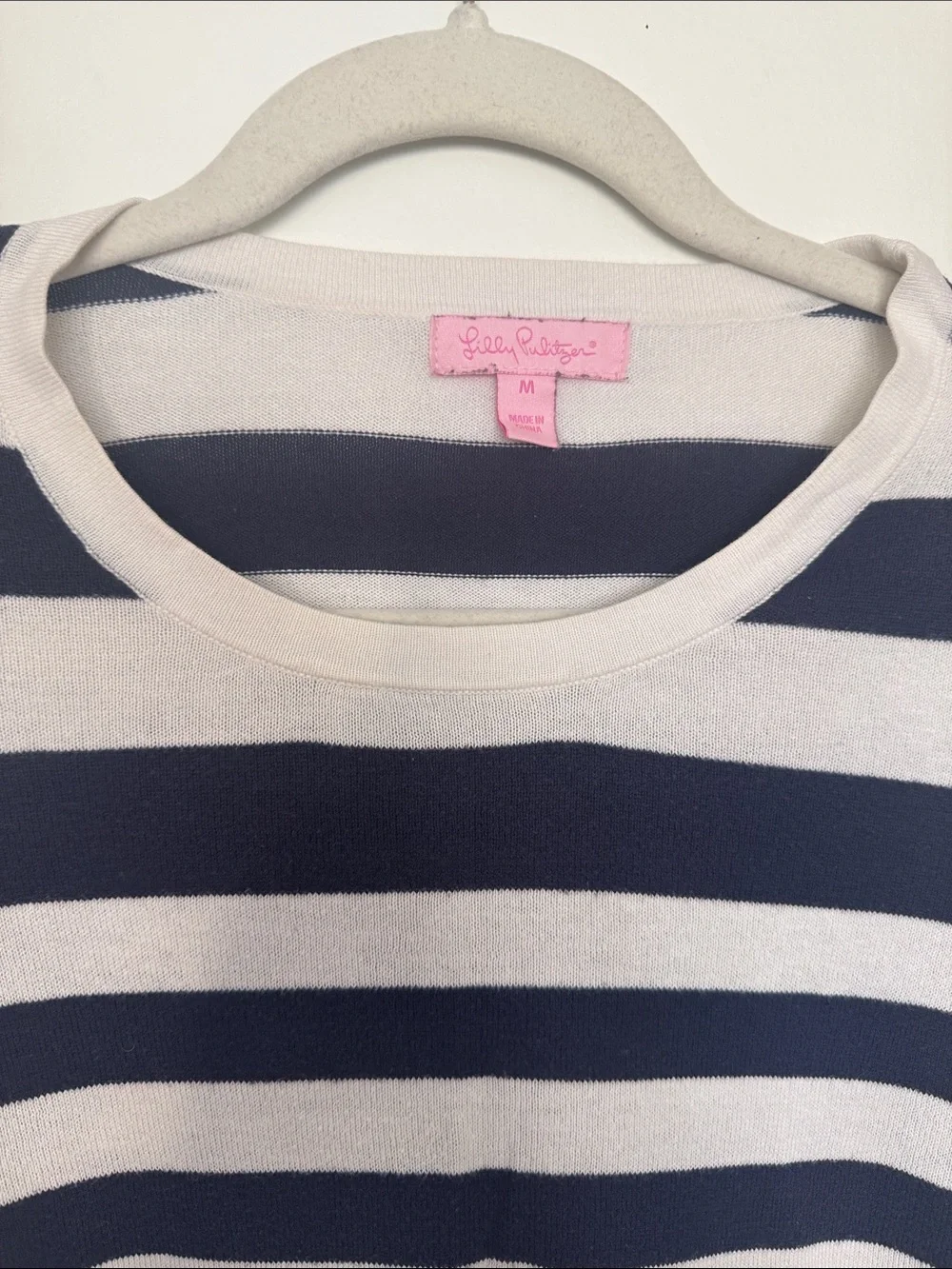 Lily Pulitzer Navy & White Striped Crew Sweater with Pink Accent Hem - Picture 2 of 4